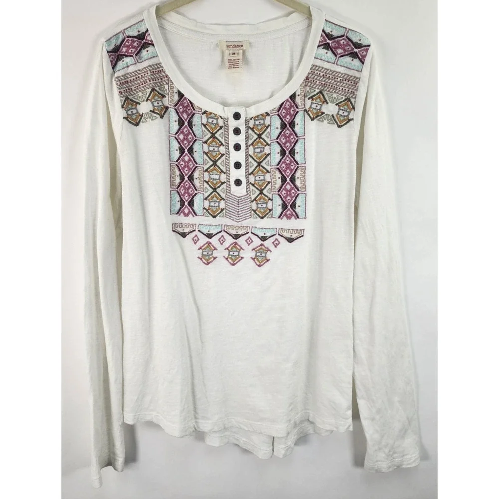 Sundance Henley Top Women's M Embroidered Beaded Ivory Artisan Boho
